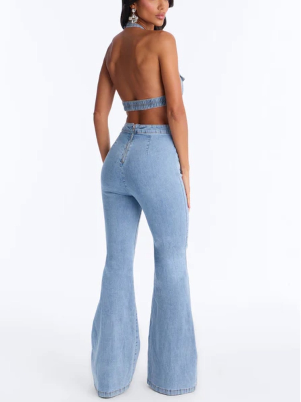 Fashion Nova Light Blue Denim Halter Flared Jumpsuit - Picture 2 of 5